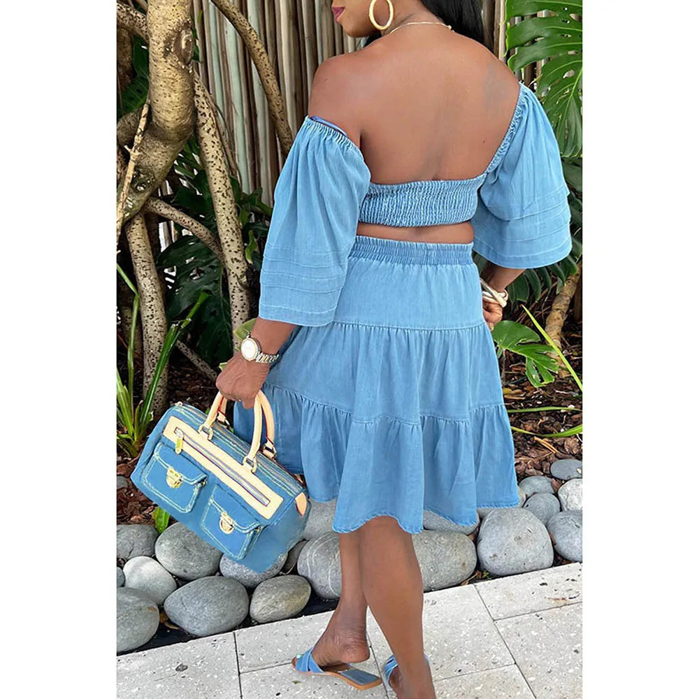 Plus Size Blue Daily Denim Off Shoulder Hollowed Out With Pocket Midi Dresses 240419