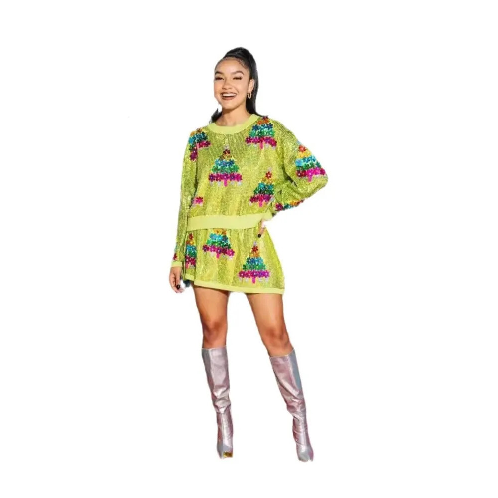 Christmas tree sequin long sleeved dress for women two pieces autumn and winter style Christmas street fashionable womens clothing 241120