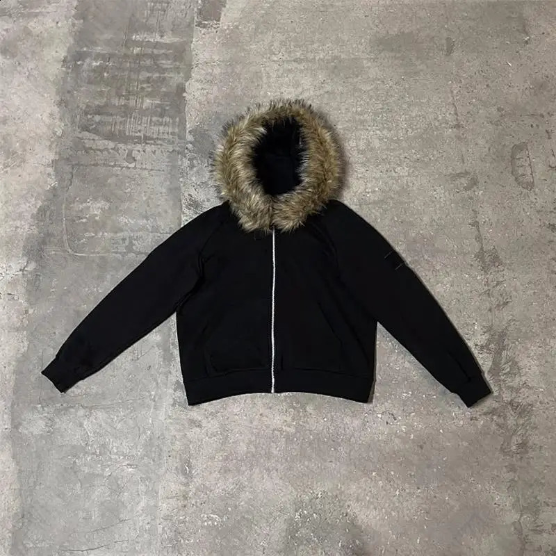 Y2K Zip up hoodie Faux Fur Collar Harajuku Rock Goth Top Retro Punk Loose Jacket Hip Hop Streetwear Zipper Hoodie sweatshirt EMO 241121