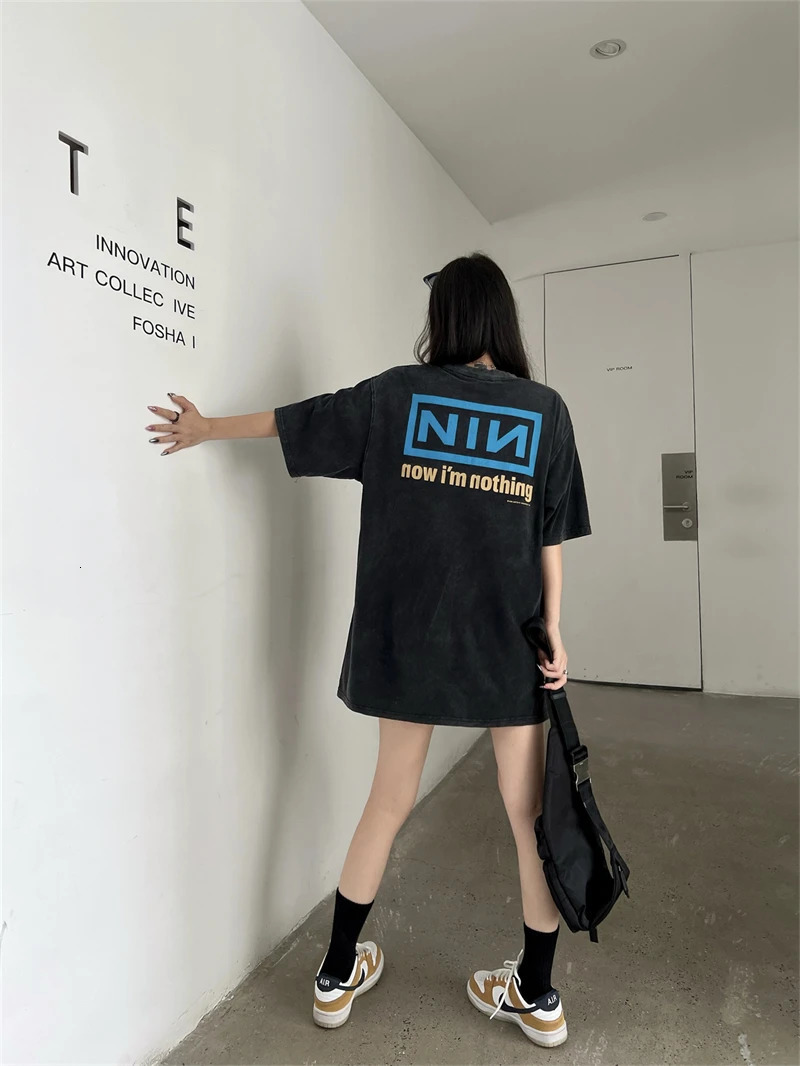 VTG NIN nineinch nail printing washed retro oversized Tshirt high street American casual loose men and women 240409
