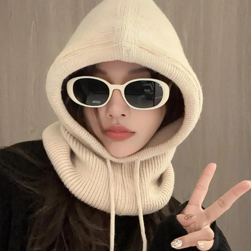 Knitted Wool Balaclava Skullies For Women Men Winter Wollen Drawstring Hooded Scarf Hat Neck Face Protect Beanies For Couples 250808