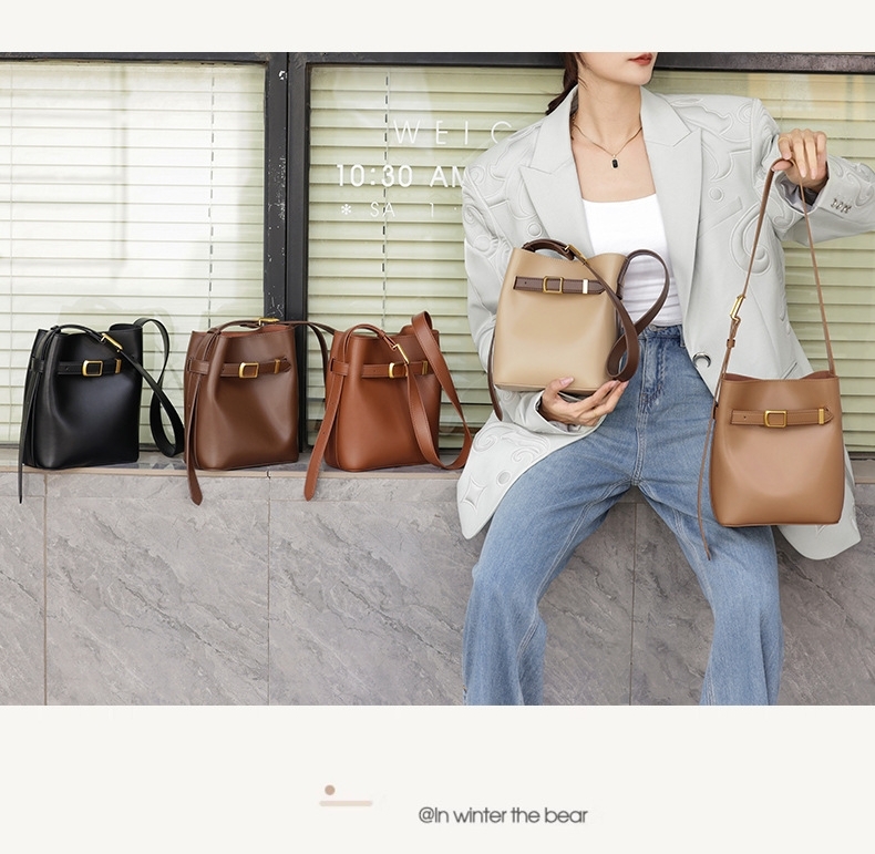 Genuine Leather Bucket For Women New Vintage Messenger High Quality Simple Handbag Lady Shoulder Bag Bag Female Zipper Style BagVoyage