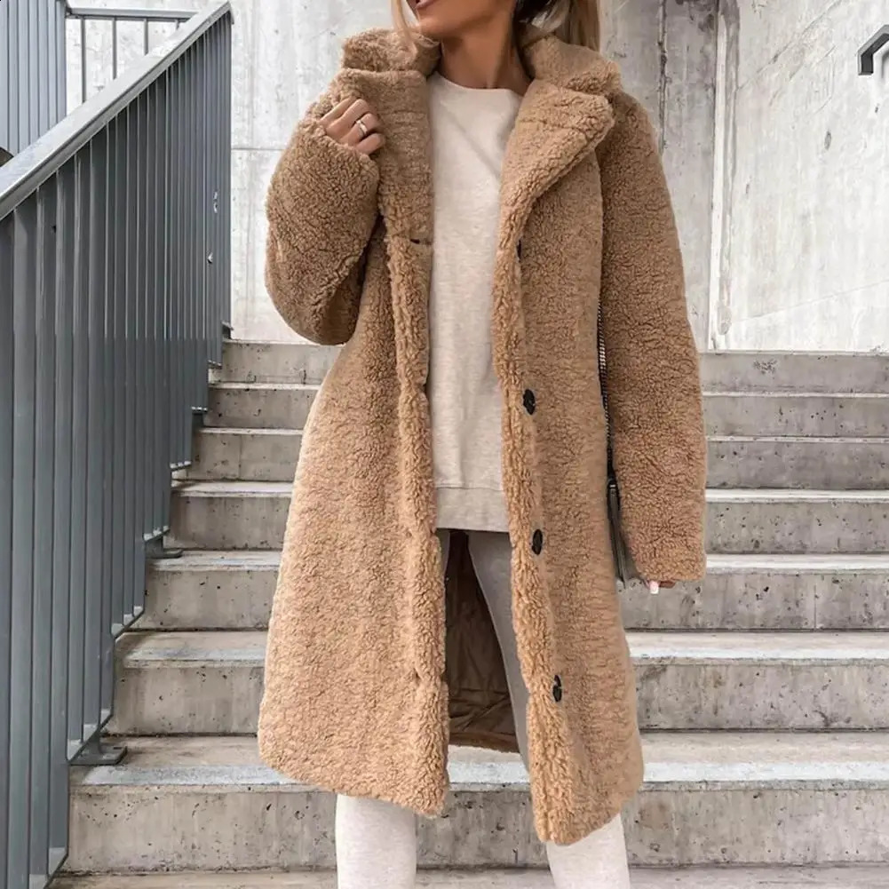 Women Trench Coat Plush Thicken Overcoat Autumn Winter Singlebreasted Teddy Jacket Long Style Outwear Streetwear 241121
