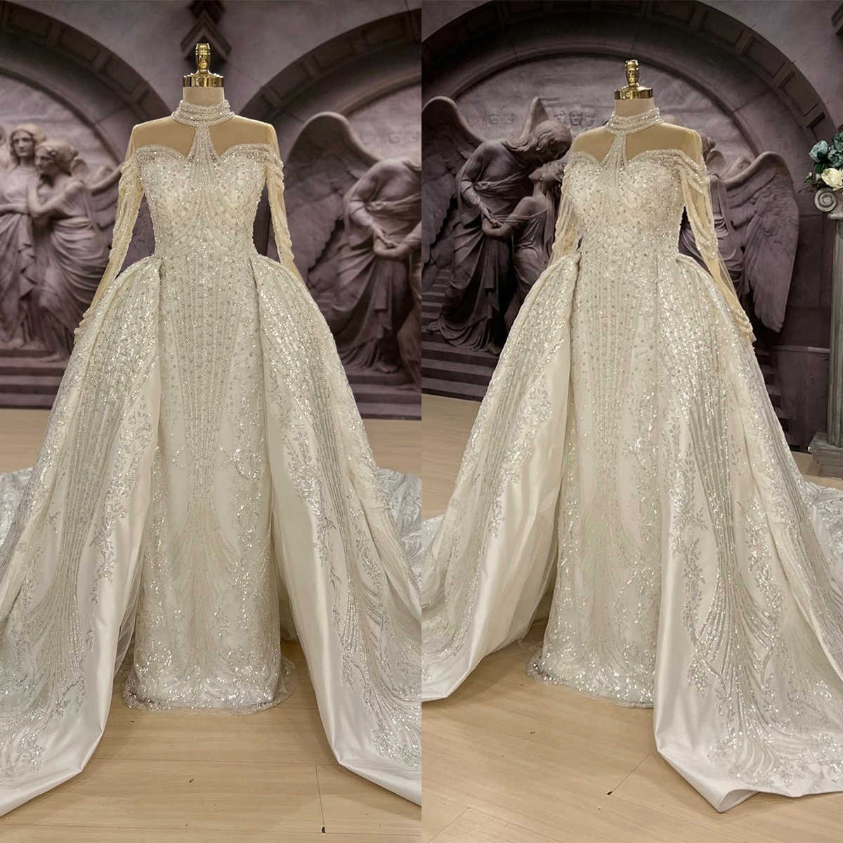 Vintage A-Line Women Wedding Dress High Collar Long Sleeves Bridal Gowns Sequins Detachable Train Dress Custom Made