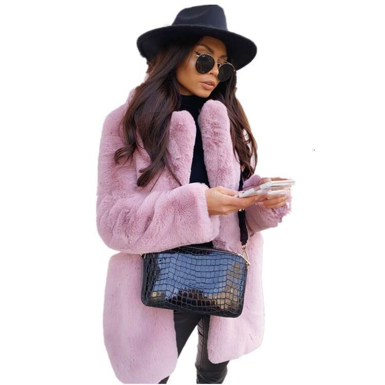 Temperament Commuter Long Sleeve Lapel Faux Solid Color Warm Large Coat Women's Fur