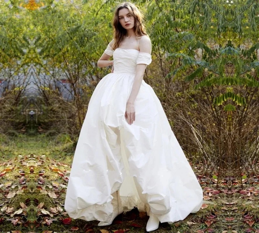 Simple Modest Wedding Dress 2024 Off The Shoulder Sweetheart Short Sleeve Taffeta Bridal Gowns Robe Side Split Formal Party Dresses