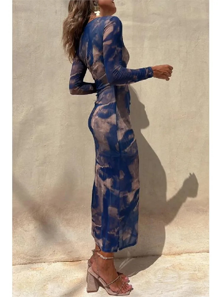 Tie Dye Printed Mesh See-through Maxi Dresses For Women Sexy Slim Slit Party Evening Dress Spring Fashion Club Vestidos 240420