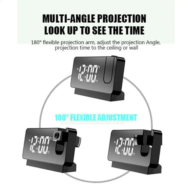 180° Arm Projection Digital Alarm Clock Temperature Humidity Night Mode Snooze Table 1224H USB Projector LED 241121