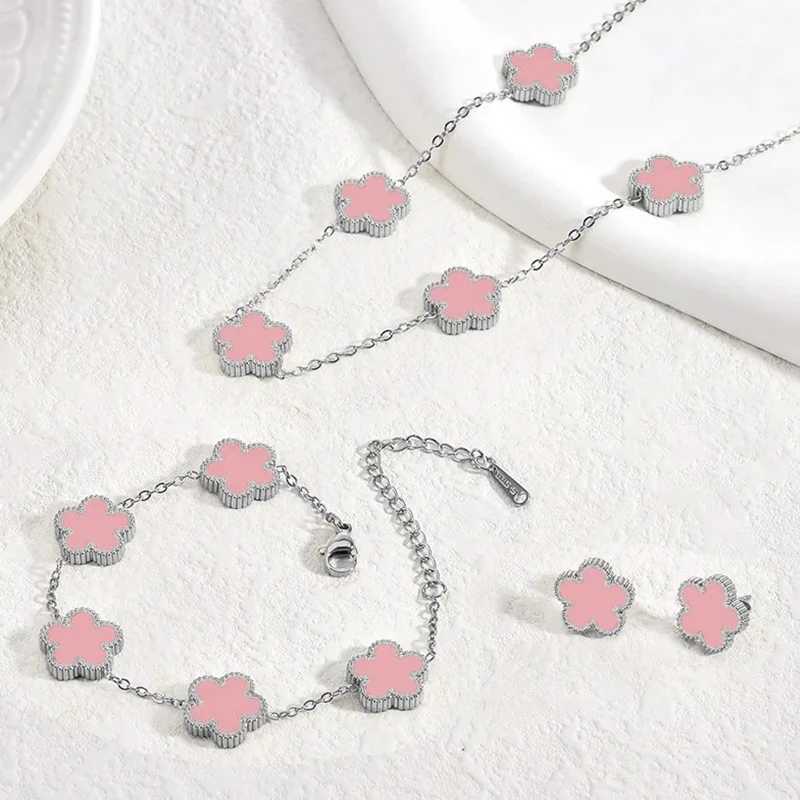 Stainless steel set earrings necklace bracelet Christmas birthday gift gold-plated womens double-sided flower elegant and fashionable W241121