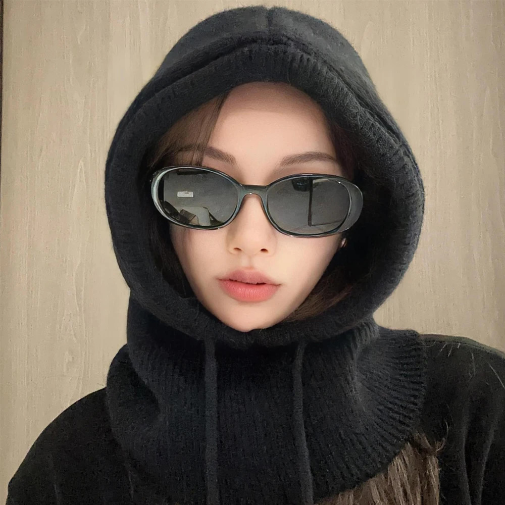 Knitted Wool Balaclava Skullies For Women Men Winter Wollen Drawstring Hooded Scarf Hat Neck Face Protect Beanies For Couples 250808