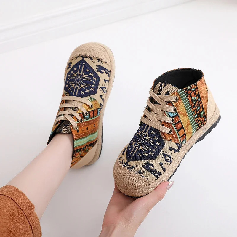 Women Casual Shoes Grass Woven Flat Espadrilles Comfortable Bohemian Chinese Style Laceup Fashion Nonleather 241122