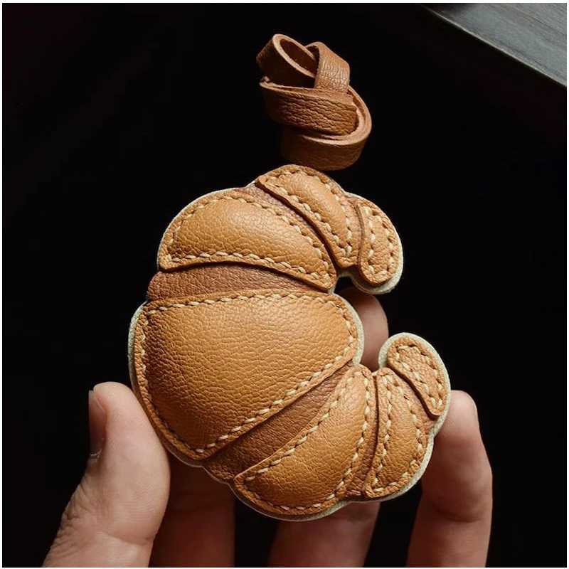 Handmade leather croissant charm keychain Y241121