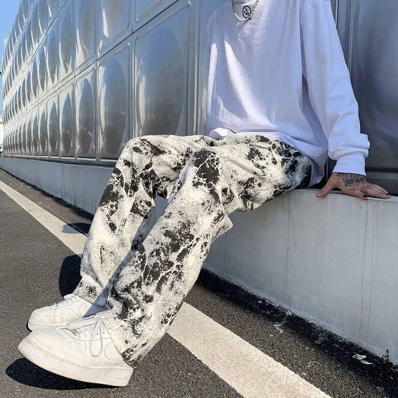 Mens Fashion Printed jeans Spring Mopping Trousers Jeans Korean Style High Street Loose Hip Hop Wideleg Jean Pants 240415
