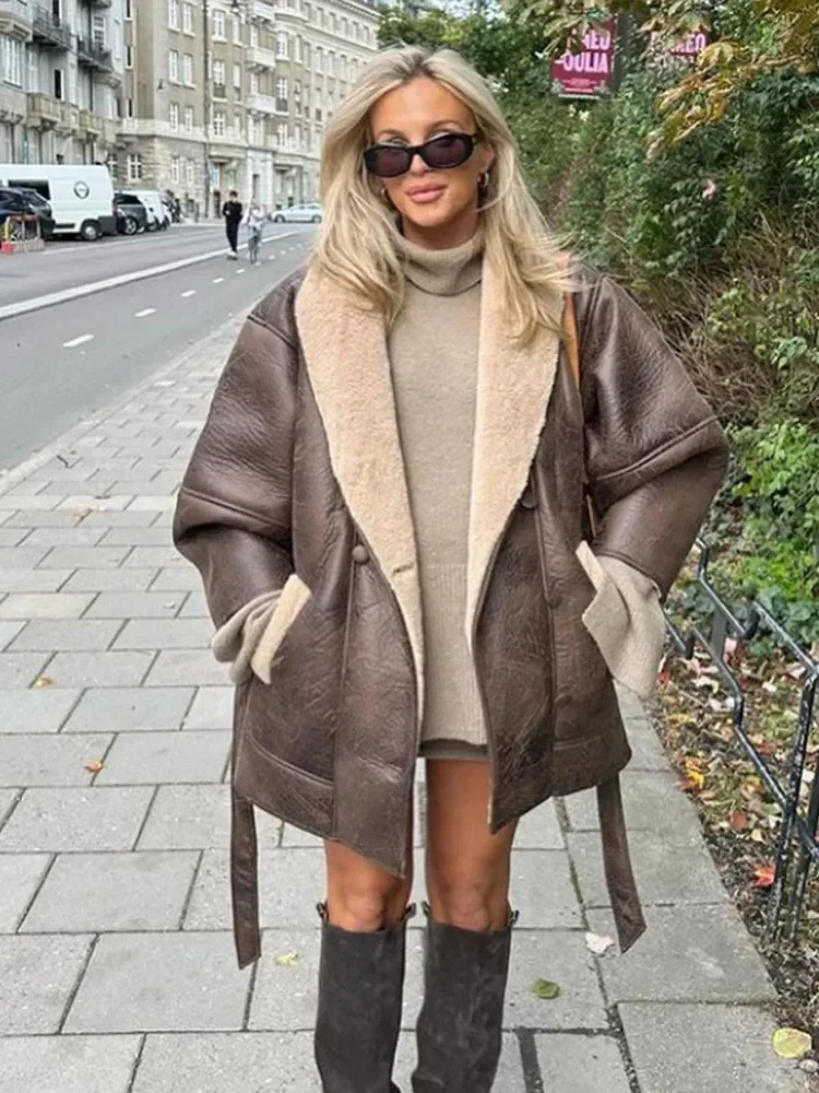 Fashion Woolen Lined Leather Pocket Patchwork Jacket Women Casual Long Sleeve Belt Lapel Coat Autumn Winter Warm Streetwear 241122