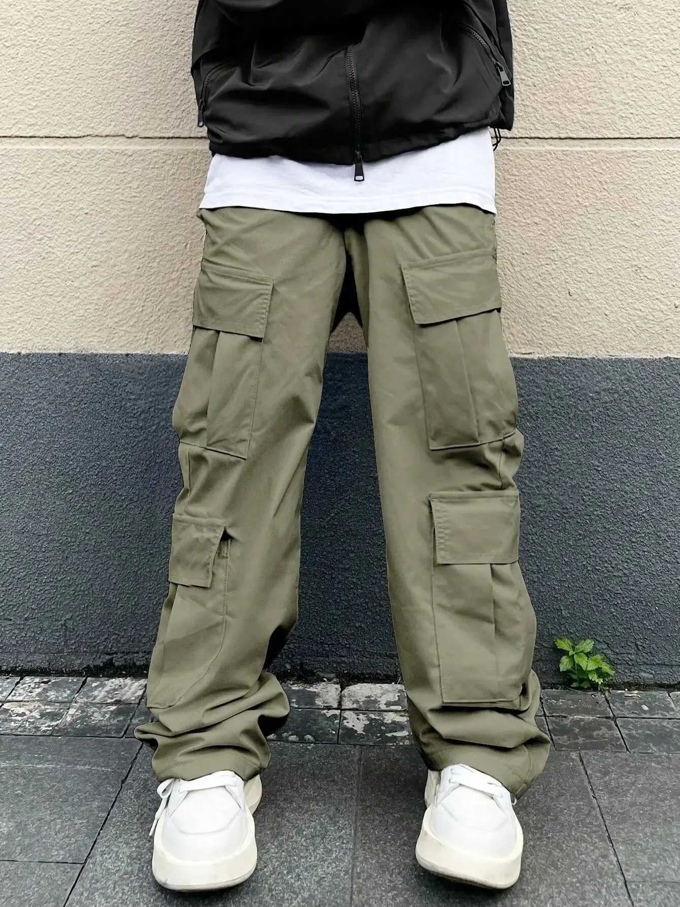 Men's Pants Solid multi flap pocket mens straight leg cargo pants loose casual outdoor pants mens work pants bags and trendy T-shirts Y240422