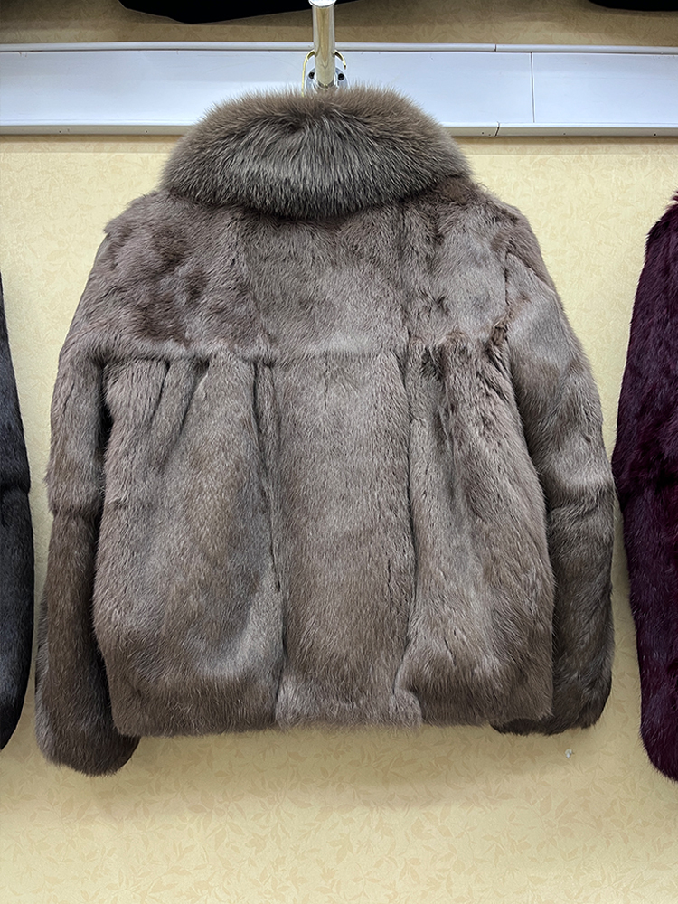 Genuine Whole Skin Real Coat With Natural Fox Collar Jacket Full Pelt Rabbit Fur Overcoat