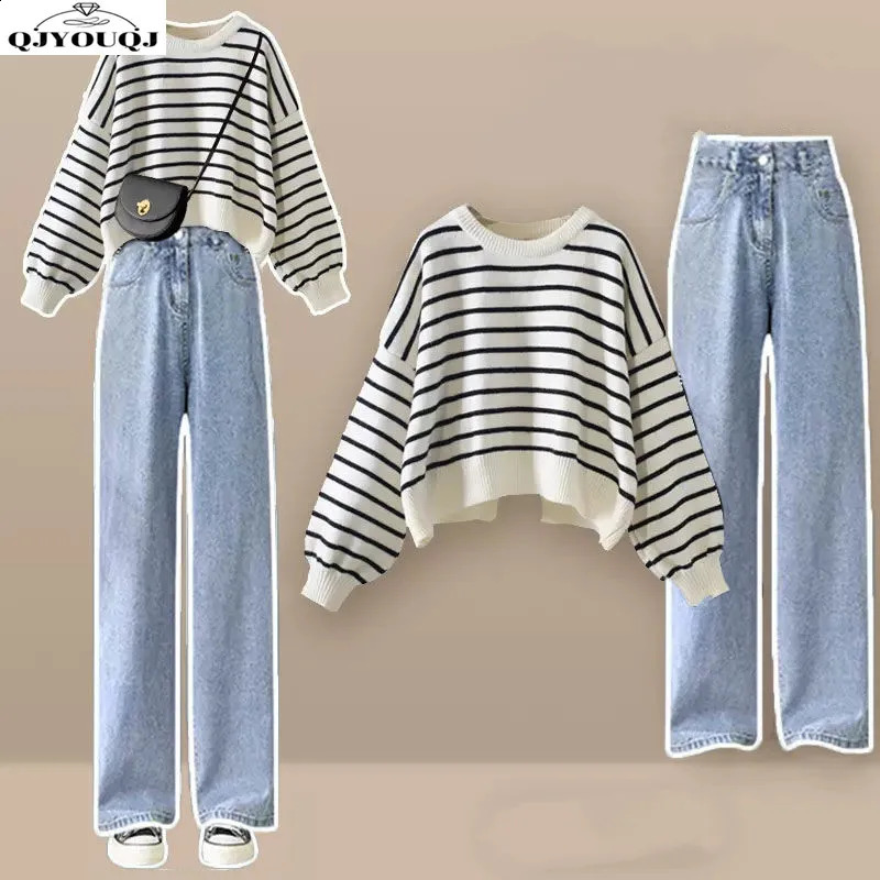 AutumnWinter Womens Set Korean Loose Knitted SweaterHigh Waist Wide Leg Jeans Two Piece Trendy 241121