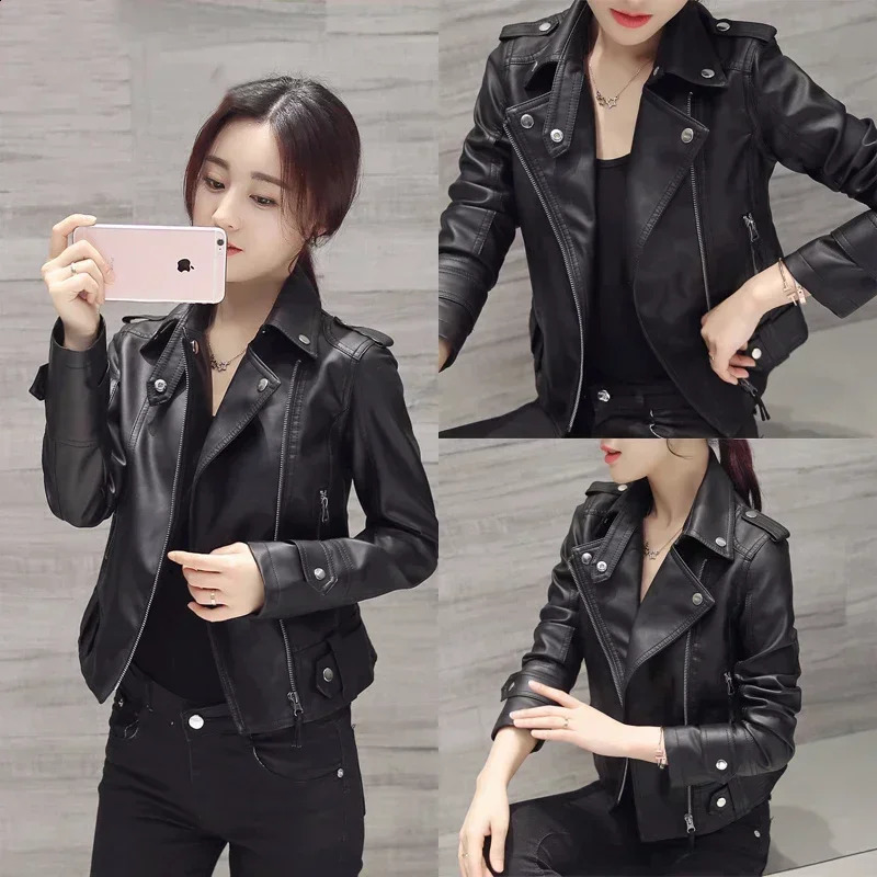 Women Short Black PU Zip Up Jacket Slim Fashion Motorcycle Outwear Leather Casual Wild Coat 241121