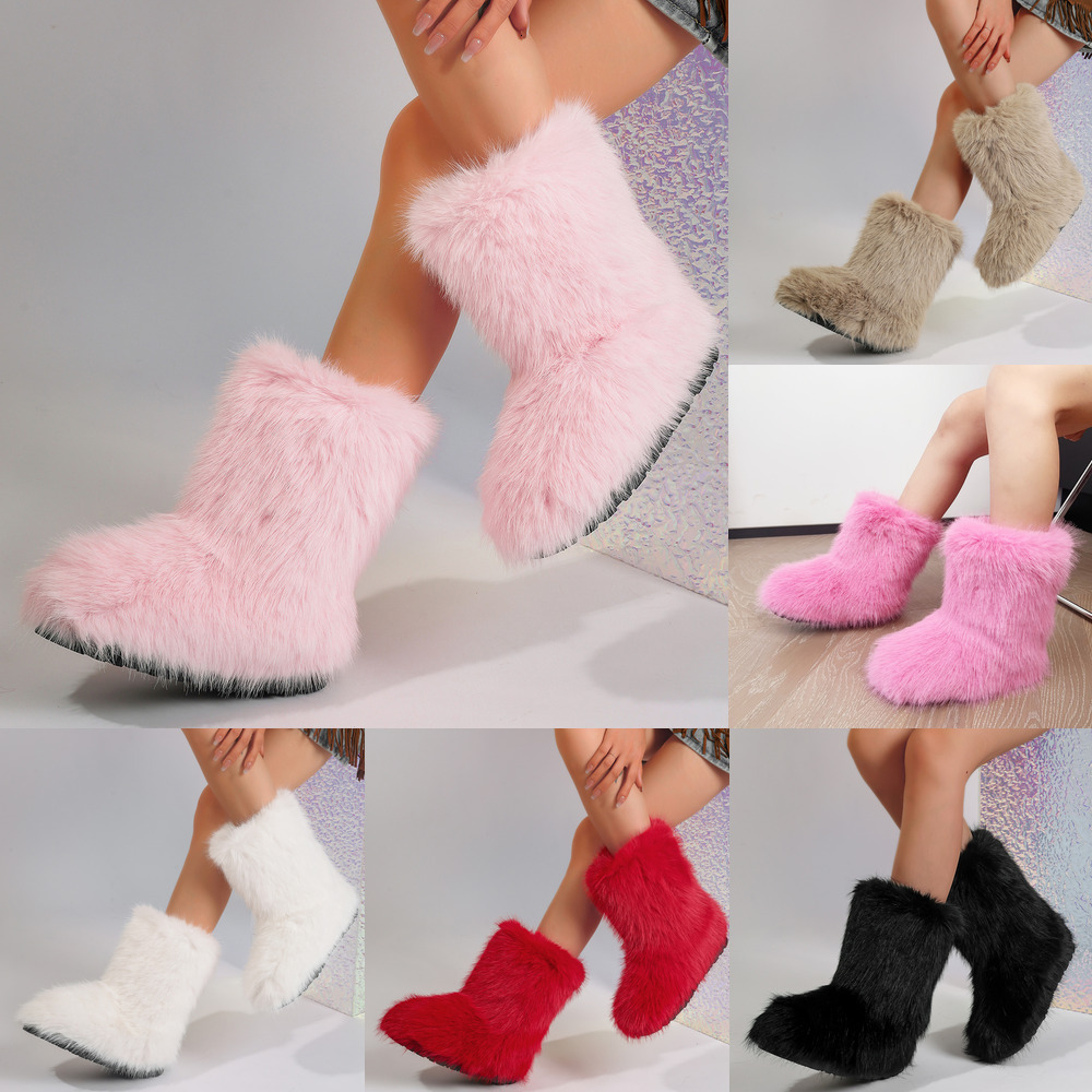 Snow Winter Women Boots Booties Black White Pink Girl Women Snow Boot Ankle High Fur Platform Shoes Size 36-44