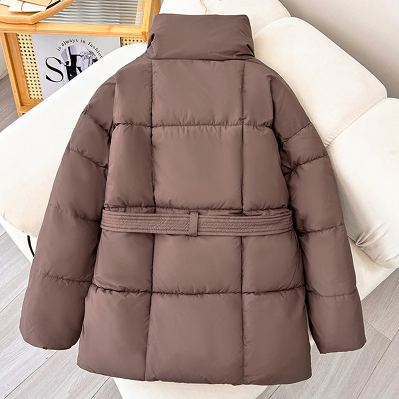 With a Belt Jacket Women Winter Woman Parkas Solid Thicken Warm Female Snow Wear Coat Cotton Padded Outwear Clothes 241122