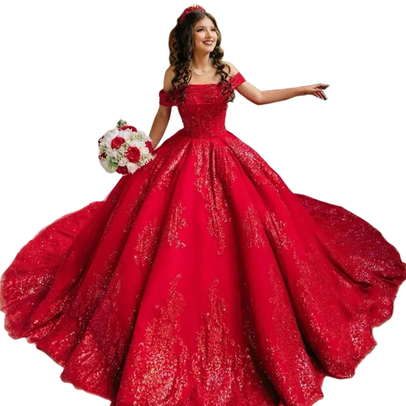 Glitter Red Sequins Appliques Princess Quinceanera Dresses Off The Shoulder Long Charro Prom Sweet 16 Dress With Bow Back Luxury Vestido De 15 VX Anos