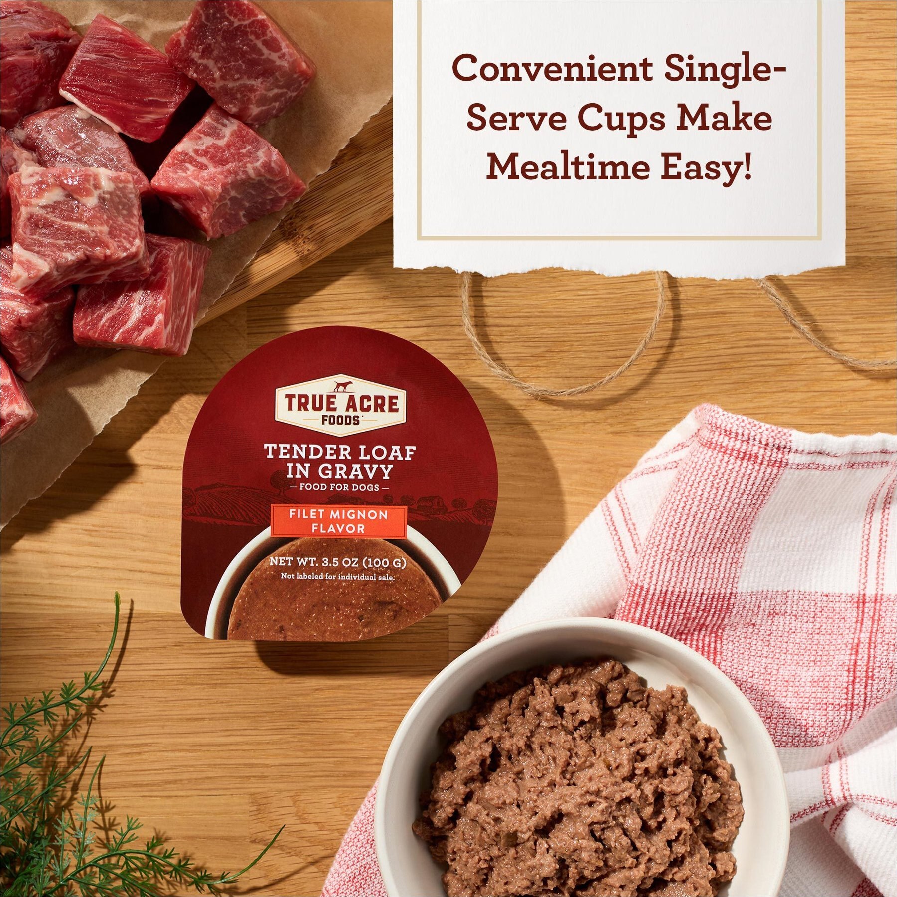 True Acre Foods Filet Mignon Flavor Tender Loaf in Gravy, Wet Dog Food, 3.5-oz cup, case of 12