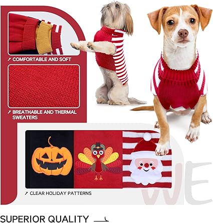 3 Pack Halloween Thanksgiving Christmas Cat Knit Sweater Set - Dog Clothes with Santa Pattern Pumpkin Turkey Pets Costumes-Dog Fall Sweaters for Holid