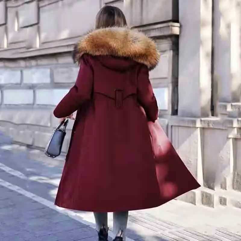New winter 2024 Kn long hooded loose ultra-thin womens raccoon fur coat with detachable fur lining warm and casual womens coat 5XL W241122