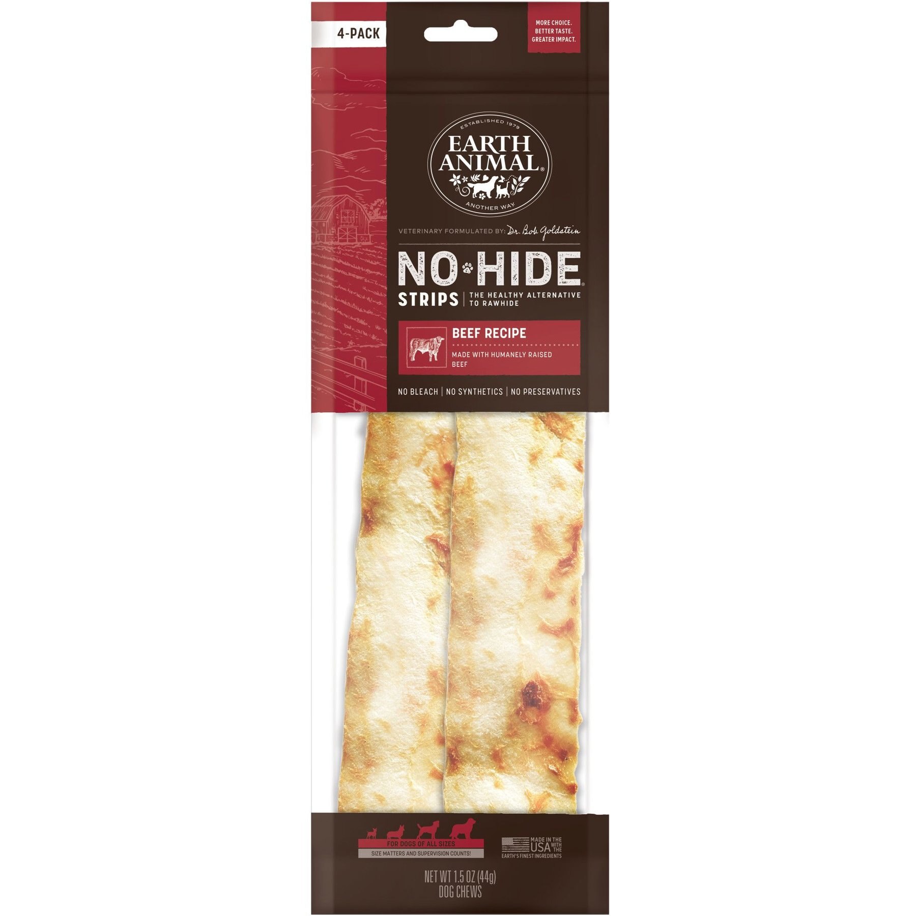 Earth Animal No-Hide Strips Thin Natural Rawhide Alternative Beef Recipe Chew Dog Treat