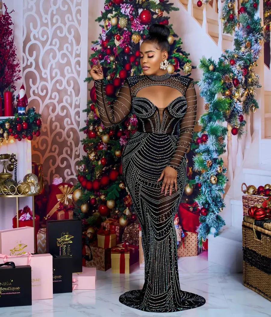 Leosd Sexy Sparkly Mesh Long Party Dress with Rhinestones Women Cut Out Long Sleeve Turtleneck Evening Dresses Party Clubwear 240420