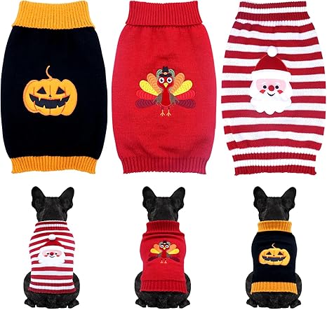 3 Pack Halloween Thanksgiving Christmas Cat Knit Sweater Set - Dog Clothes with Santa Pattern Pumpkin Turkey Pets Costumes-Dog Fall Sweaters for Holid