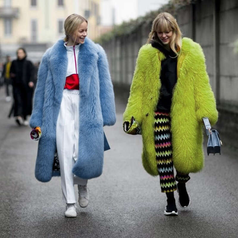 European style Toka long fashionable street trendsetters autumn and winter thick faux lapel fur coat for women