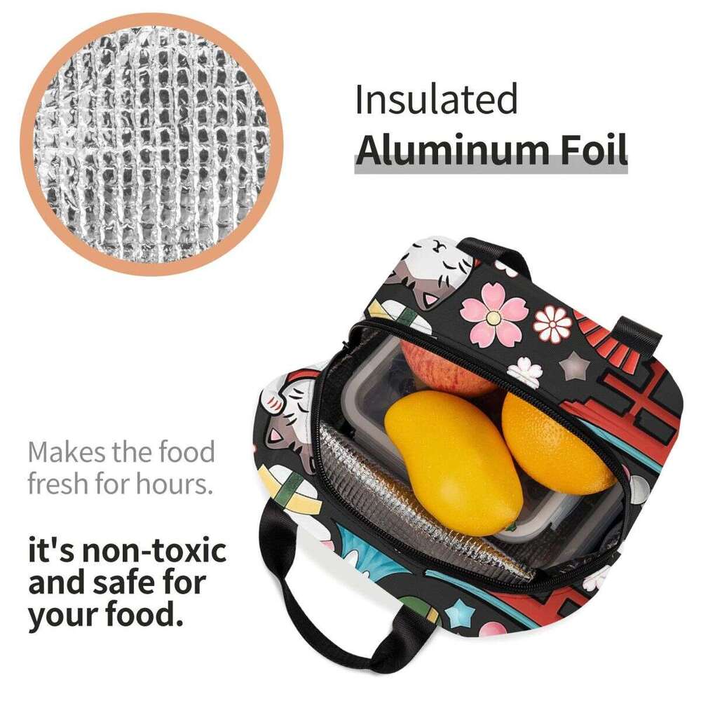 Maneki N Lucky Cat Insulated Bags Cooler Container Kokeshi Japanese Doll Tote Lunch Box Food Bag College