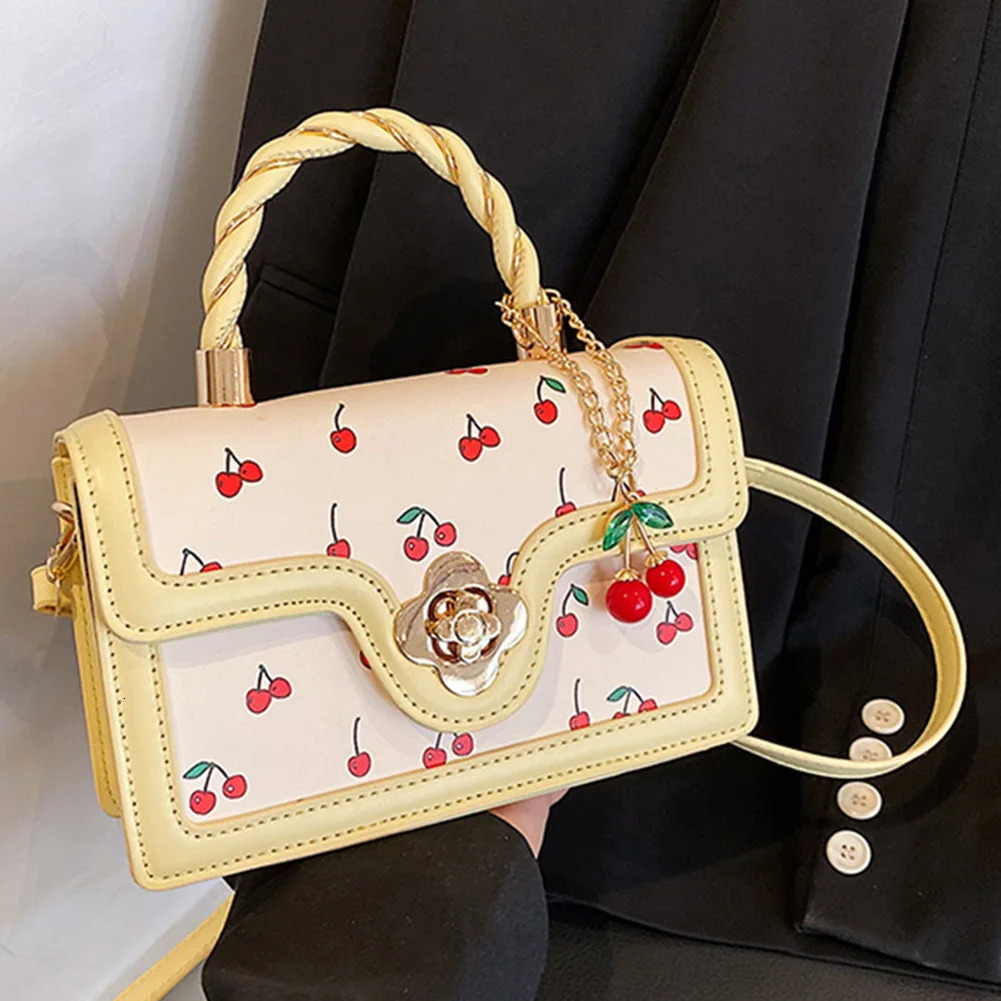New Women s Cherry Pattern Sweet Chain Slant PU Leather Fashion Handbag Women s High trend Quality Designer leisure Small Shoulder Square Bag