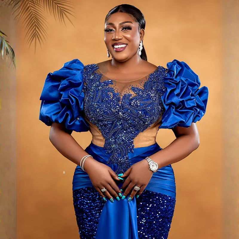 African Royal Blue Sequined Mermaid Prom Dresses With Ruched Short Sleeves Beaded Long Formal Evening Gowns Crew Neck Black Girls Celebrity Wear