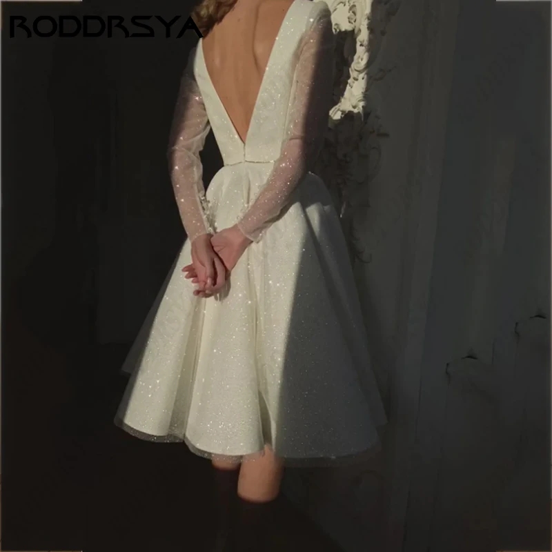 Sparkling Civil Short Wedding Dress For Women Deep V-Neck Backless Cuddly Long Sleeve Bride Party Gowns Vestidos De Noiva Casamento