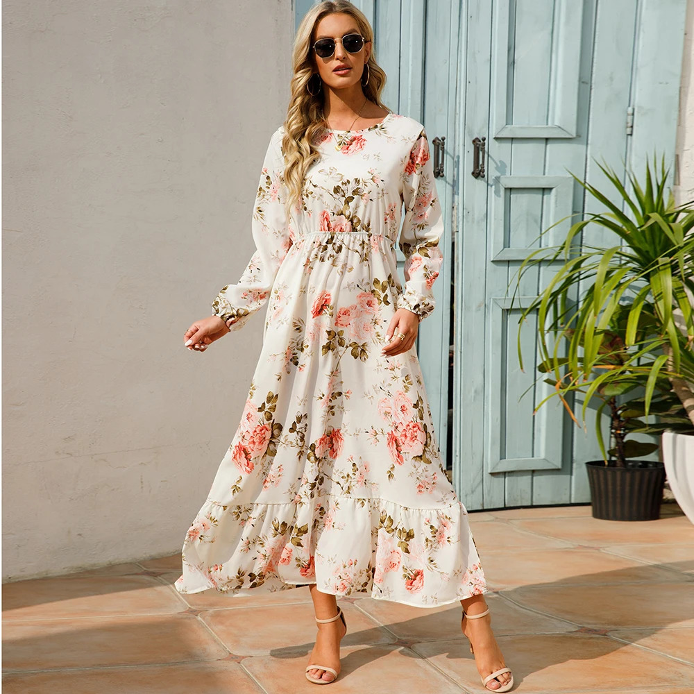 2023 Sping Summer Bohemian Women Maxi Dress Casual Long Sleeve High Waist Beach Woman Chiffon Dresses Floral Vestidoes Mujer 240418