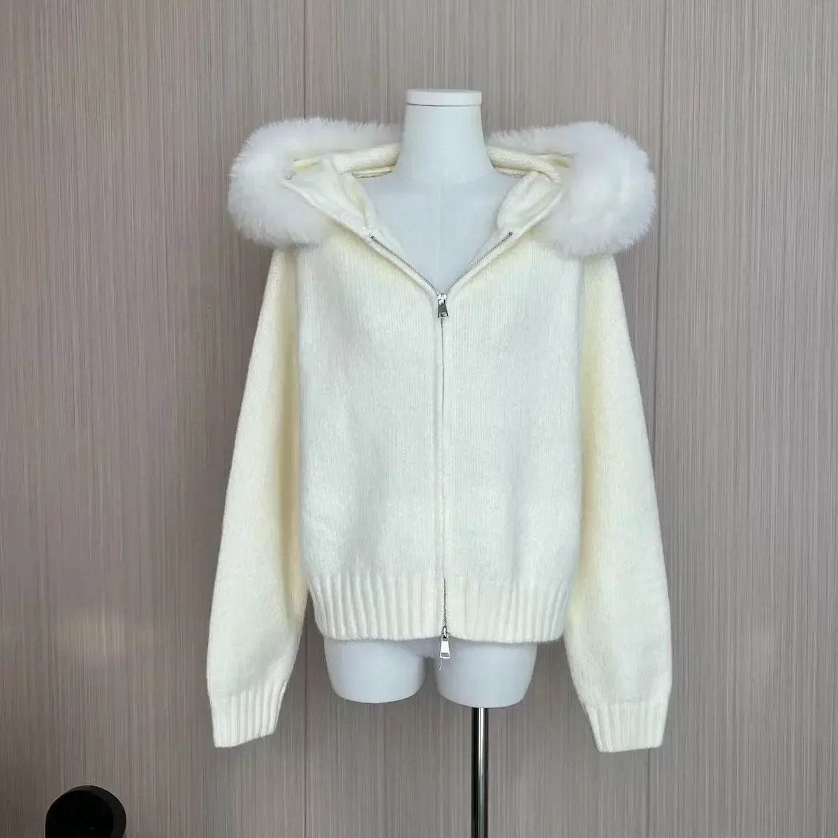 Nagodo Women Hood Knit Cardigan Fox Fur Collar Womens Long Sleeve Knitwear Zipper Jacket Solid Color Sweater Coat N11032 241122