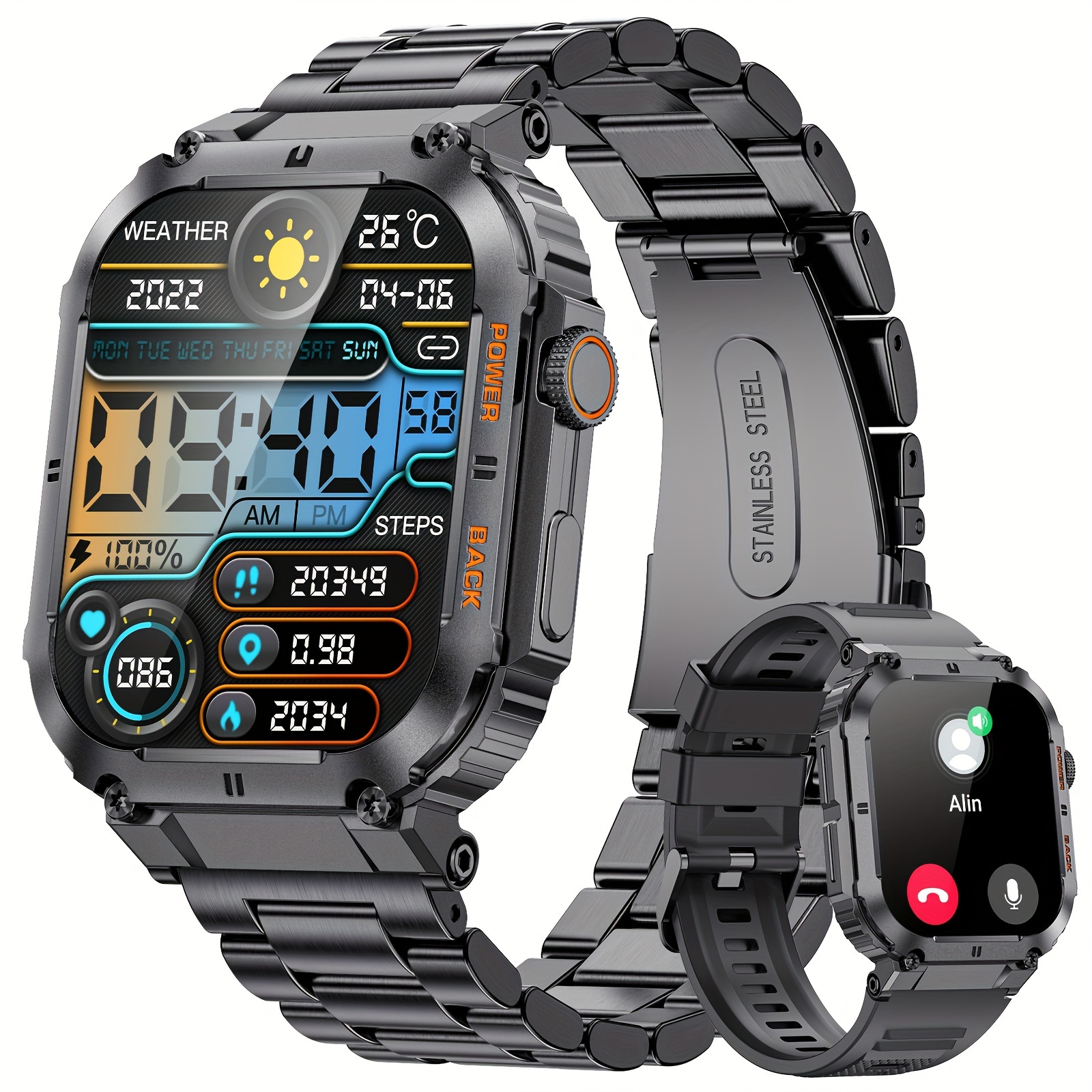 Smartwatch pour hommes 1,96 pouce IPS grand écran 400mAh de la vie de batterie de la batterie de la batterie de fitness STEP STOWER, adapté à And