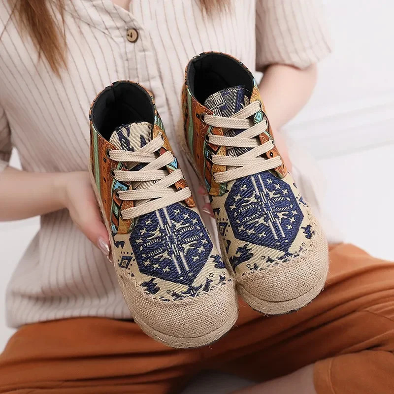 Women Casual Shoes Grass Woven Flat Espadrilles Comfortable Bohemian Chinese Style Laceup Fashion Nonleather 241122