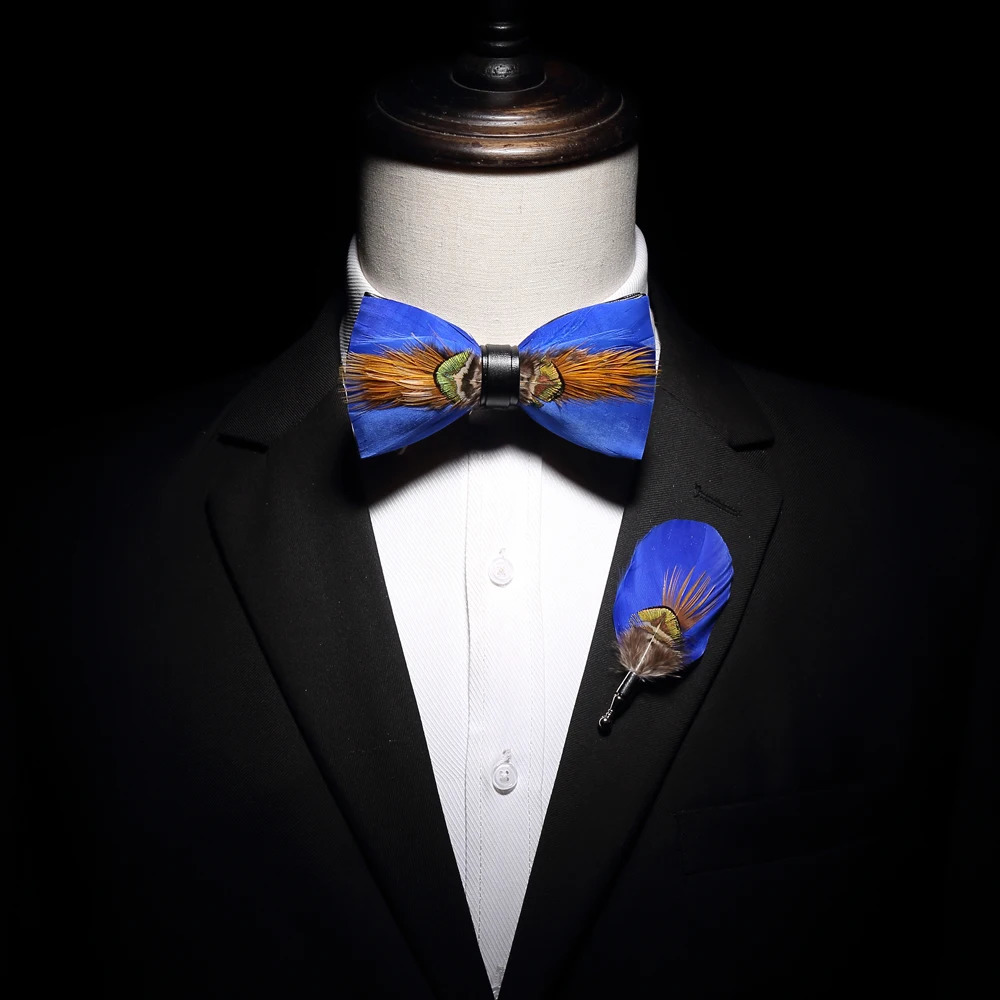 KAMBERFT Handmade Feather Bowtie Brooch Wooden Box Set High Quality Mens Bowtie Leather Tie for Wedding Parties and Banquets 241122