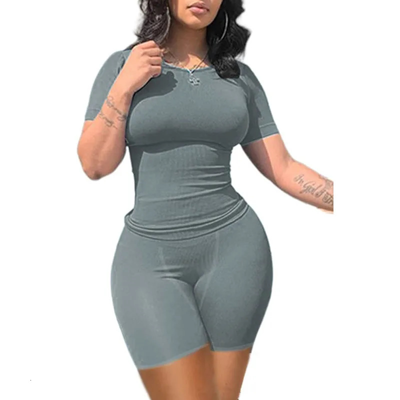 Lounge Wear Ribbed Casual 2 Piece Summer Shorts Set For Somen Short Sleeve TopElastic outfits 240420