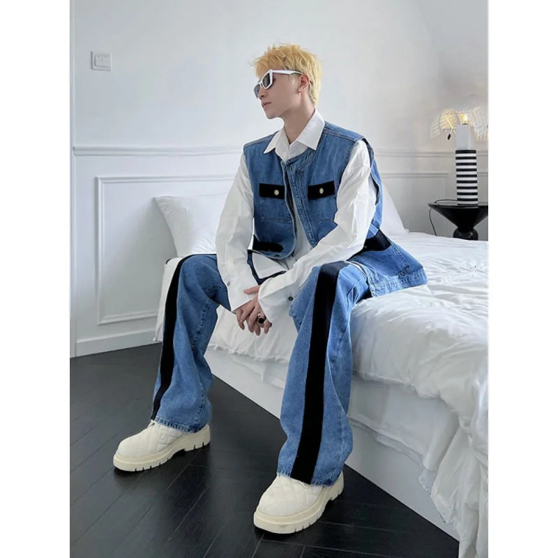 EOENKKY/ Mens Sets Cargo Denim 2 Piece Outfits Male Patchwear Jeans Pants Vests Sleeveless Casual Korean Streetwear Hip Hop 240415