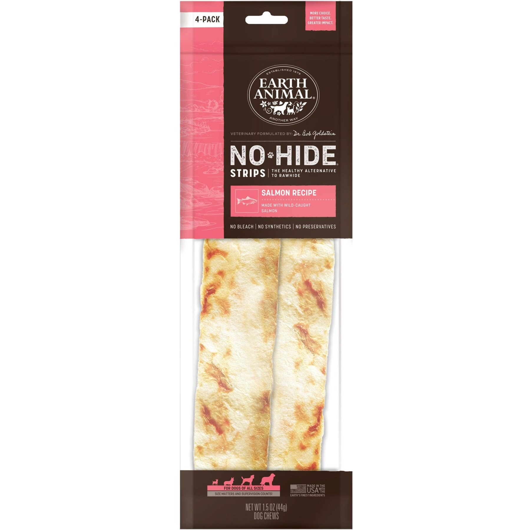 Earth Animal No-Hide Strips Thin Natural Rawhide Alternative Salmon Recipe Chew Dog Treat