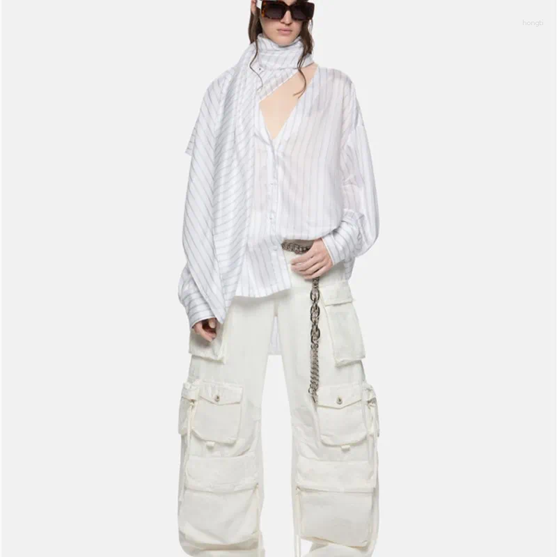 Womens Jeans Women Mid-Rise Cargo Denim Pants Distressed Washed Broken Holes Splicing Pocket Wide-Leg Female Casual Office Lady C