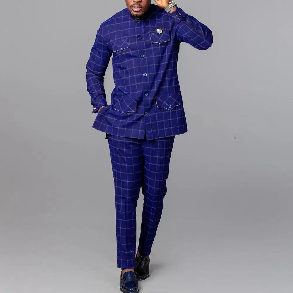Men Suits For Wedding Stand Collar Plaid Long Sleeve Shirt Pants African Ethnic Business 2Piece Sets Man Clothing Outfits Wear 240419