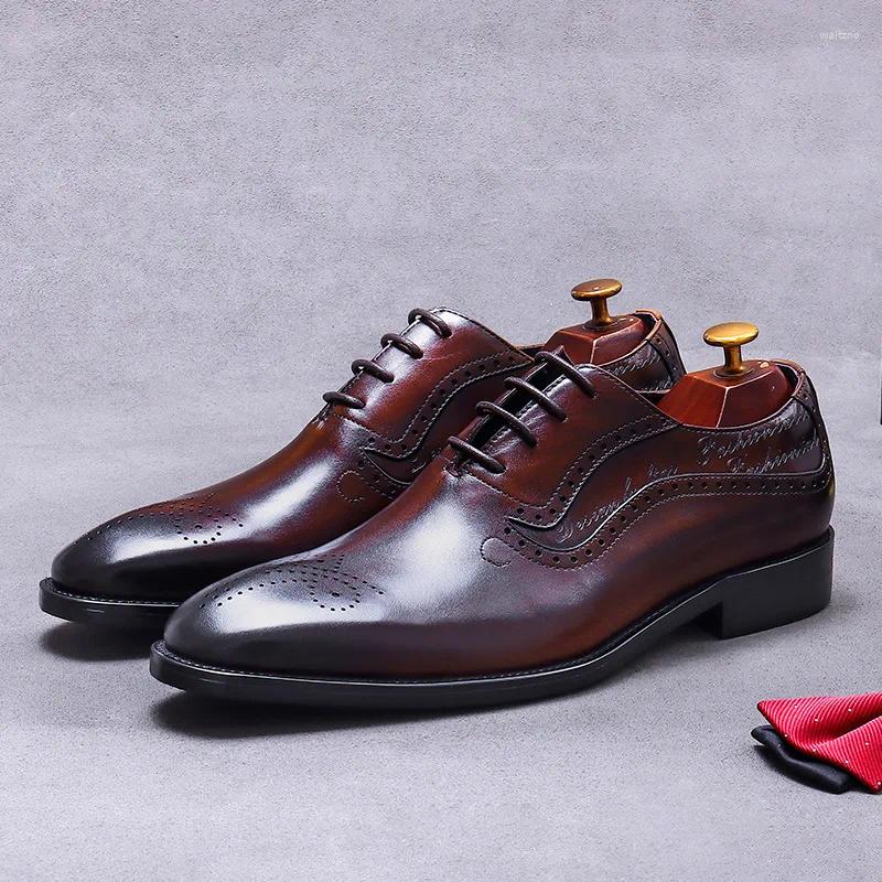 Casual Shoes Men's Oxfords Genuine Leather Brogue Brown Lace Up Wingtip Dress For Men Office Wedding Party Formal Footwear