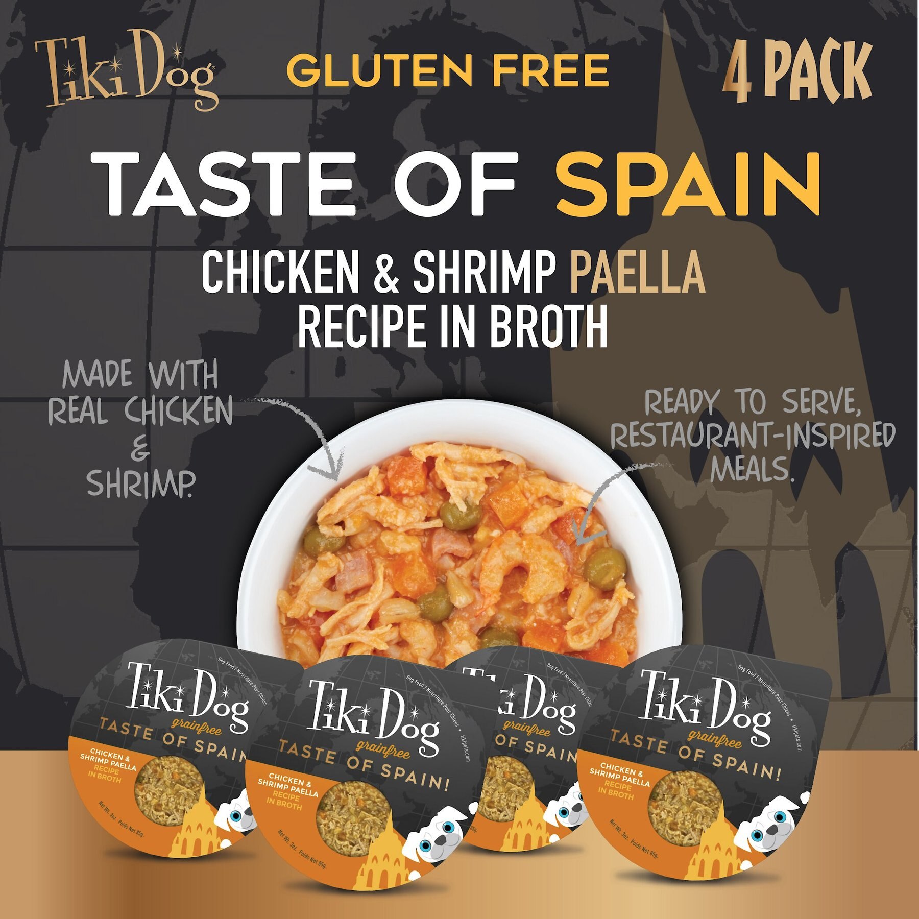 Tiki Dog Taste of Spain Chicken & Shrimp Paella Recipe in Broth Gluten-Free Wet Dog Food, 3-oz cup, case of 4