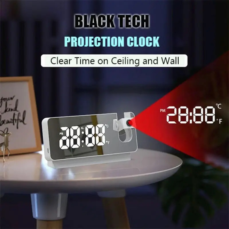 180° Arm Projection Digital Alarm Clock Temperature Humidity Night Mode Snooze Table 1224H USB Projector LED 241121