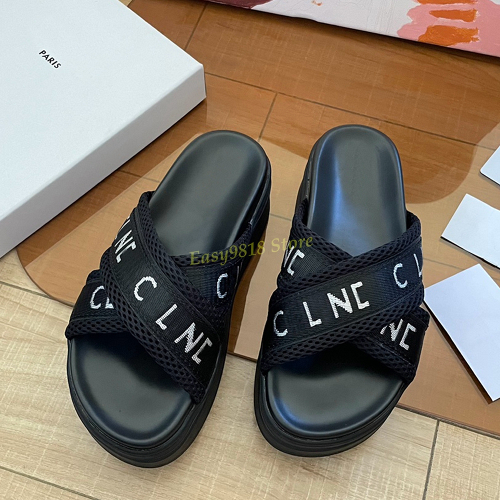 Designer slides women platform slide luxury sandals summer clea gladiator thick heels beach roman sandal ladies slippers mules block mesh jacquard fabric sliders